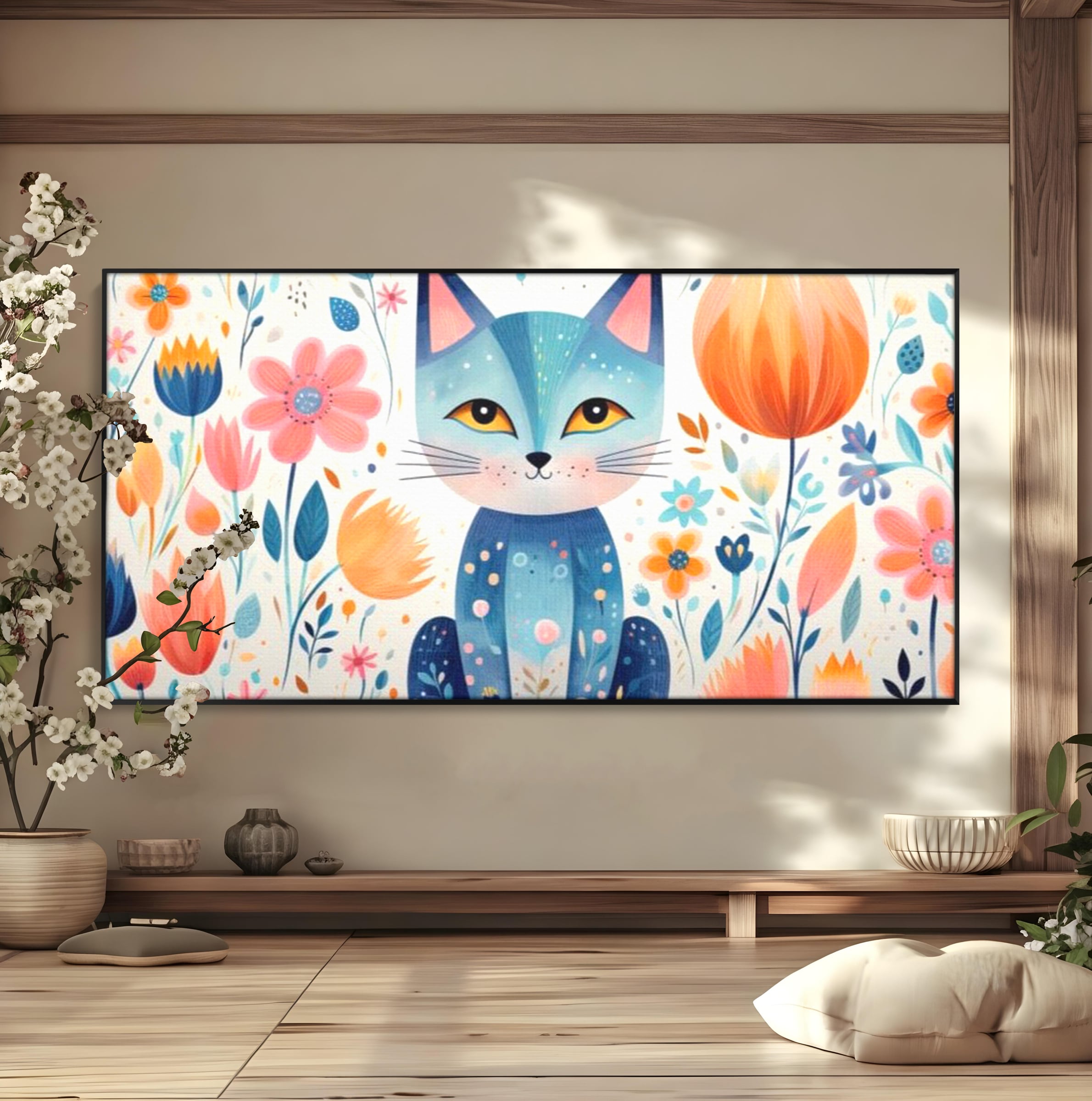 Tablou canvas cu ilustratie digitala cu pisica albastra si flori, in rama de aluminiu negru